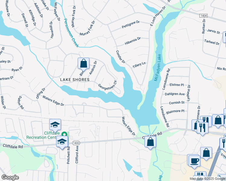 map of restaurants, bars, coffee shops, grocery stores, and more near 3308 Harbour Pointe Place in Fayetteville
