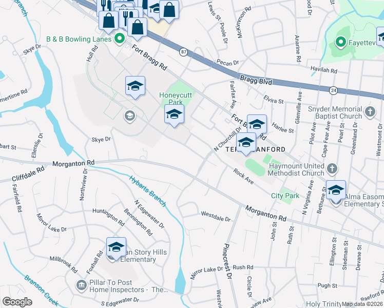 map of restaurants, bars, coffee shops, grocery stores, and more near 2414 Morganton Rd in Fayetteville