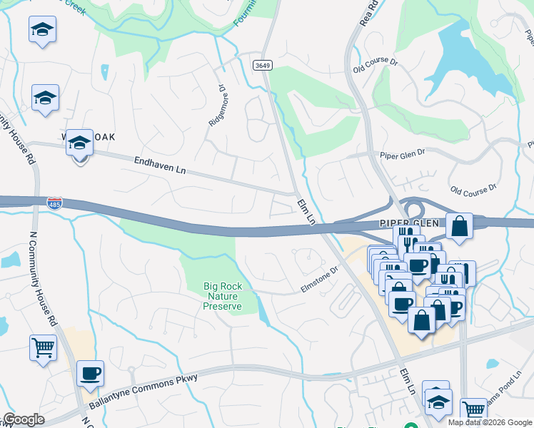 map of restaurants, bars, coffee shops, grocery stores, and more near 10701 Megwood Drive in Charlotte