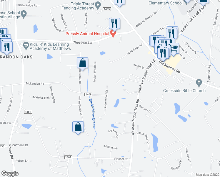 map of restaurants, bars, coffee shops, grocery stores, and more near 5809 Lindenwood Drive in Matthews
