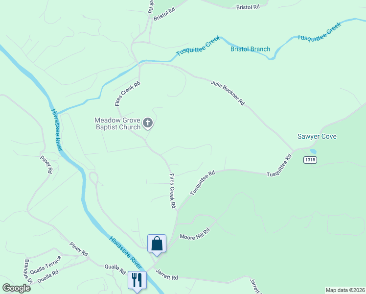 map of restaurants, bars, coffee shops, grocery stores, and more near 2-298 Lizzie Hicks Road in Hayesville