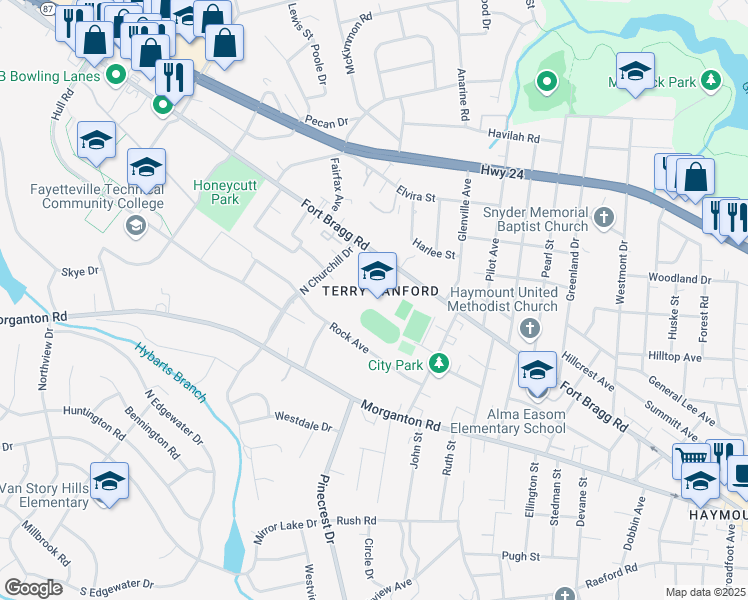 map of restaurants, bars, coffee shops, grocery stores, and more near 2301 Fort Bragg Road in Fayetteville