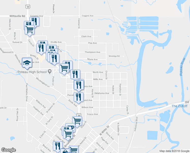 map of restaurants, bars, coffee shops, grocery stores, and more near 704 Hardy Street in Poteau