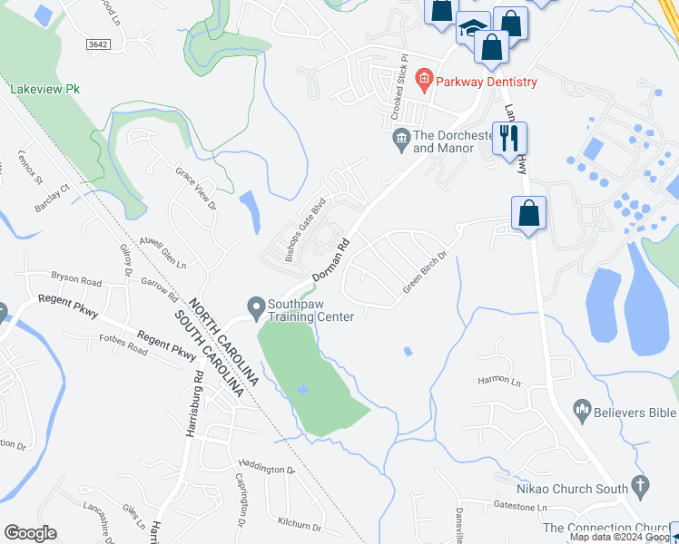map of restaurants, bars, coffee shops, grocery stores, and more near 14310 Green Birch Drive in Pineville