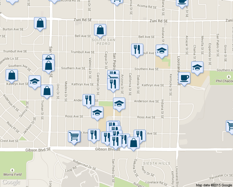 map of restaurants, bars, coffee shops, grocery stores, and more near 828 Arizona Street Southeast in Albuquerque