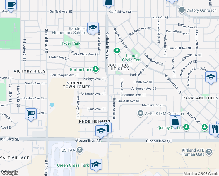 map of restaurants, bars, coffee shops, grocery stores, and more near 1025 Hermosa Drive Southeast in Albuquerque