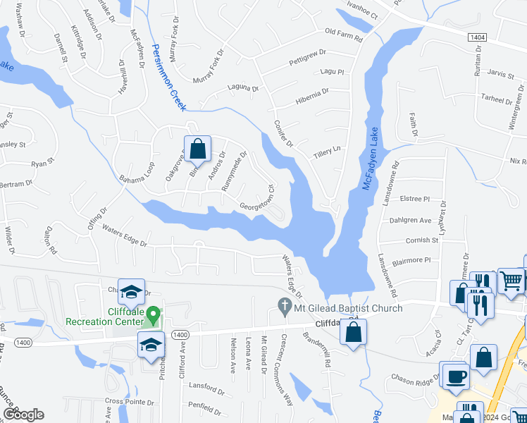 map of restaurants, bars, coffee shops, grocery stores, and more near 605 Georgetown Circle in Fayetteville