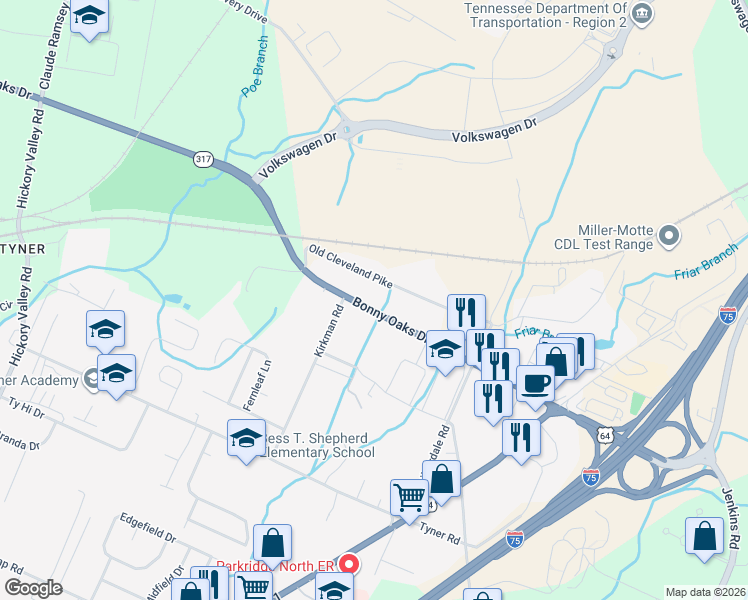 map of restaurants, bars, coffee shops, grocery stores, and more near 7211 Bonny Oaks Drive in Chattanooga