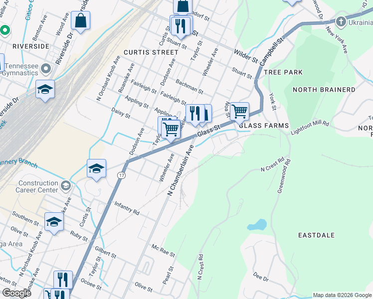 map of restaurants, bars, coffee shops, grocery stores, and more near 2320 North Chamberlain Avenue in Chattanooga