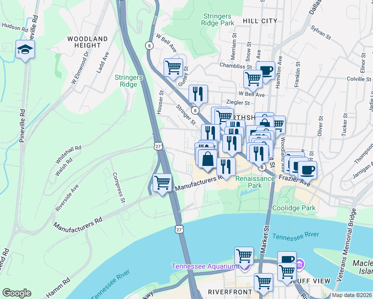 map of restaurants, bars, coffee shops, grocery stores, and more near 101 Stringer Street in Chattanooga