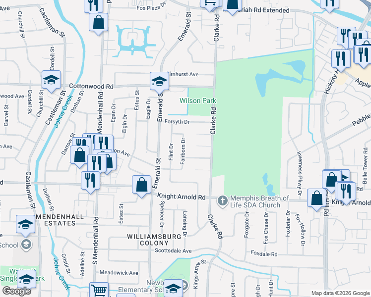 map of restaurants, bars, coffee shops, grocery stores, and more near 3101 Fairborn Drive in Memphis