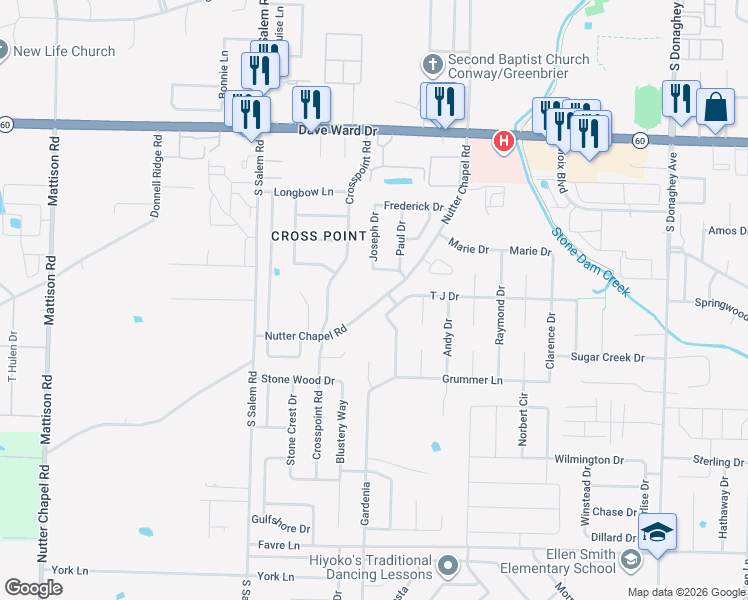map of restaurants, bars, coffee shops, grocery stores, and more near 2695 Nutter Chapel Road in Conway