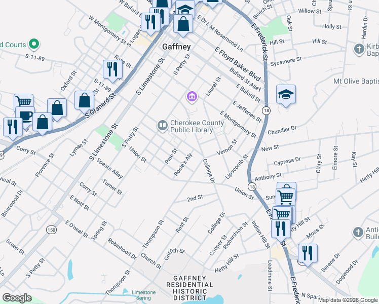 map of restaurants, bars, coffee shops, grocery stores, and more near 534 East Rutledge Avenue in Gaffney
