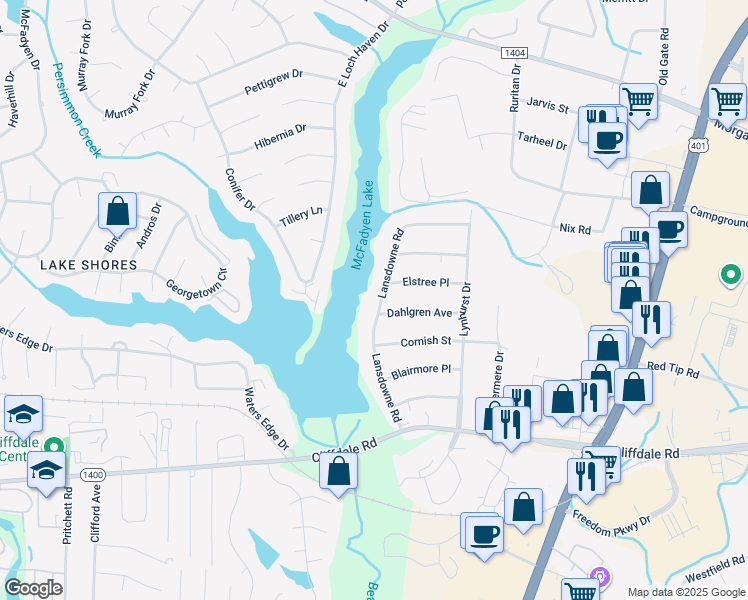 map of restaurants, bars, coffee shops, grocery stores, and more near 350 Lansdowne Road in Fayetteville