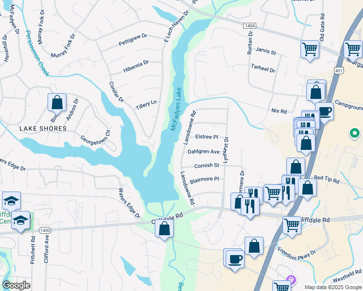 map of restaurants, bars, coffee shops, grocery stores, and more near 350 Lansdowne Road in Fayetteville