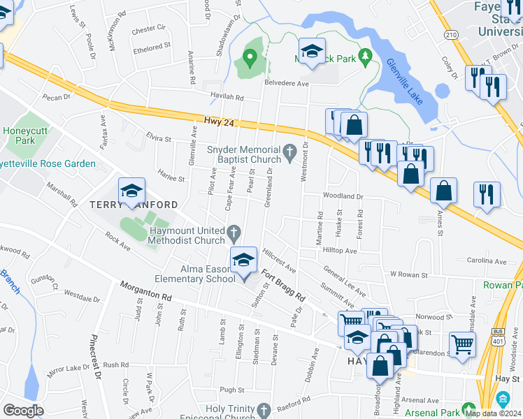 map of restaurants, bars, coffee shops, grocery stores, and more near 611 Greenland Drive in Fayetteville