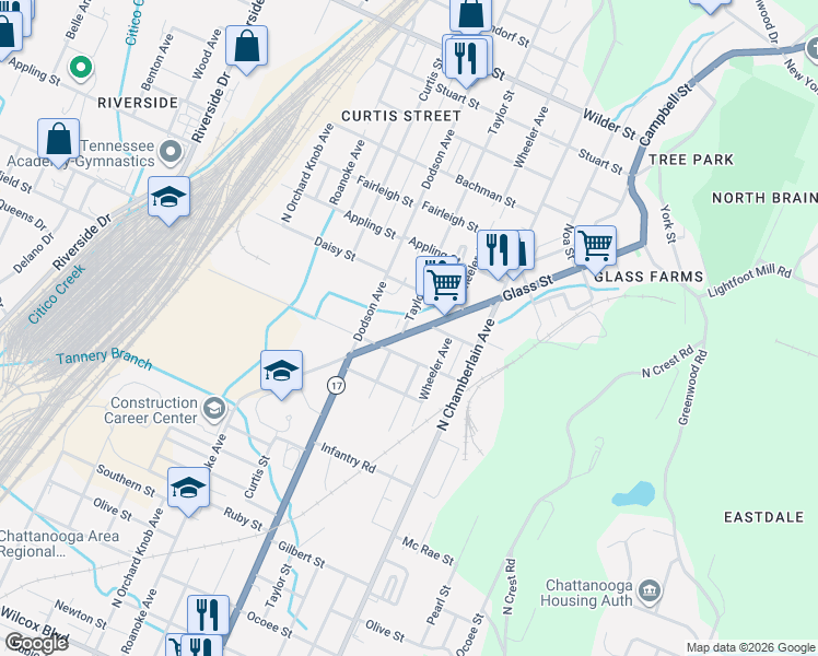 map of restaurants, bars, coffee shops, grocery stores, and more near 2304 Glass Street in Chattanooga