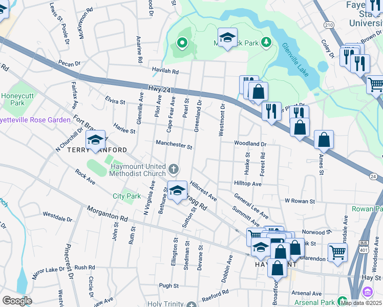 map of restaurants, bars, coffee shops, grocery stores, and more near 611 Greenland Drive in Fayetteville