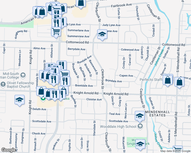 map of restaurants, bars, coffee shops, grocery stores, and more near 3085 Basswood Street in Memphis
