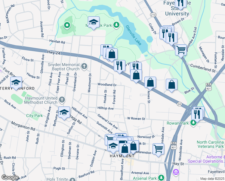 map of restaurants, bars, coffee shops, grocery stores, and more near 613 Forest Road in Fayetteville