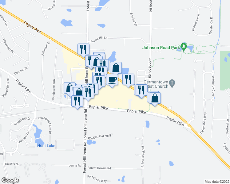 map of restaurants, bars, coffee shops, grocery stores, and more near 9235 Poplar Avenue in Germantown