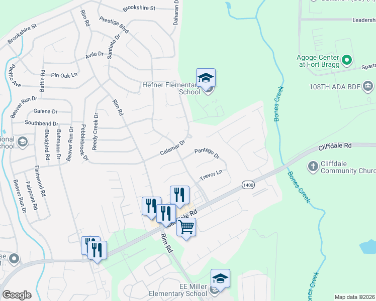 map of restaurants, bars, coffee shops, grocery stores, and more near 7099 Pantego Drive in Fayetteville
