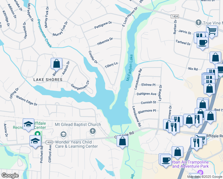 map of restaurants, bars, coffee shops, grocery stores, and more near 474 Lands End Road in Fayetteville
