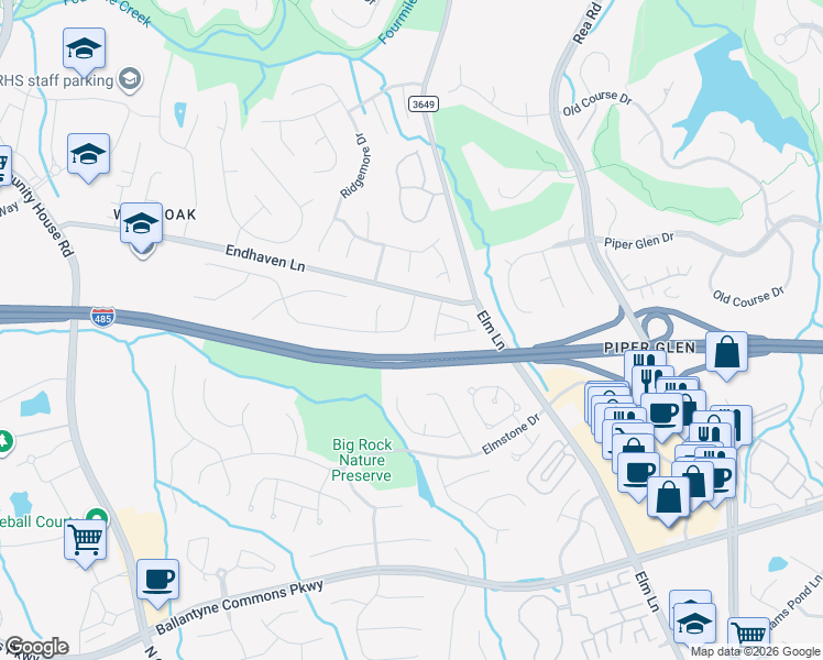 map of restaurants, bars, coffee shops, grocery stores, and more near 10701 Megwood Drive in Charlotte