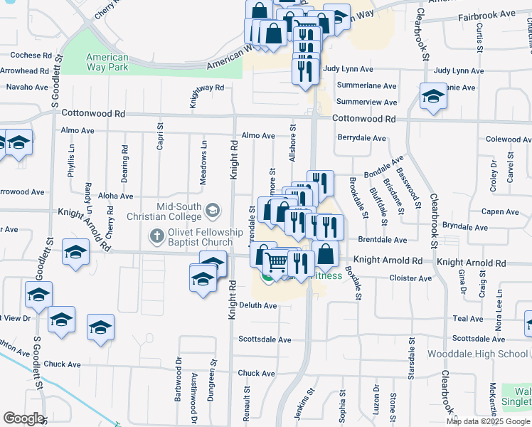 map of restaurants, bars, coffee shops, grocery stores, and more near 3098 Atmore Street in Memphis