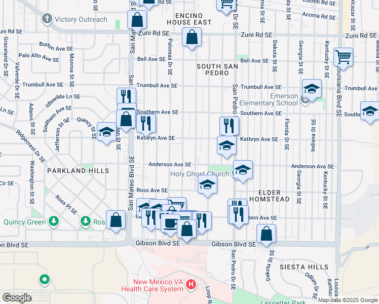 map of restaurants, bars, coffee shops, grocery stores, and more near 5851 Anderson Avenue Southeast in Albuquerque
