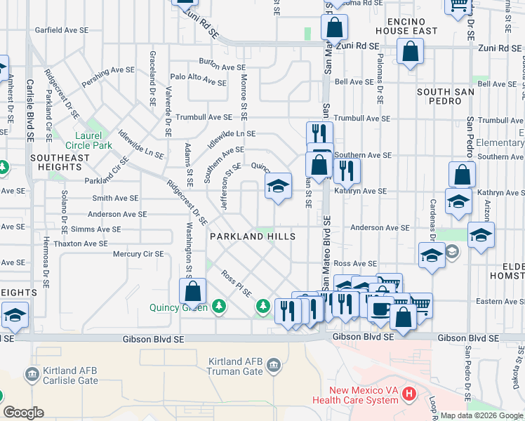 map of restaurants, bars, coffee shops, grocery stores, and more near 1132 Monroe Street Southeast in Albuquerque