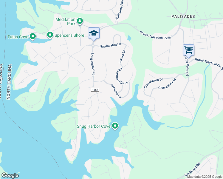 map of restaurants, bars, coffee shops, grocery stores, and more near 17403 Saranita Lane in Charlotte