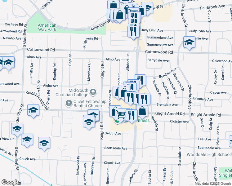 map of restaurants, bars, coffee shops, grocery stores, and more near 3098 Atmore Street in Memphis