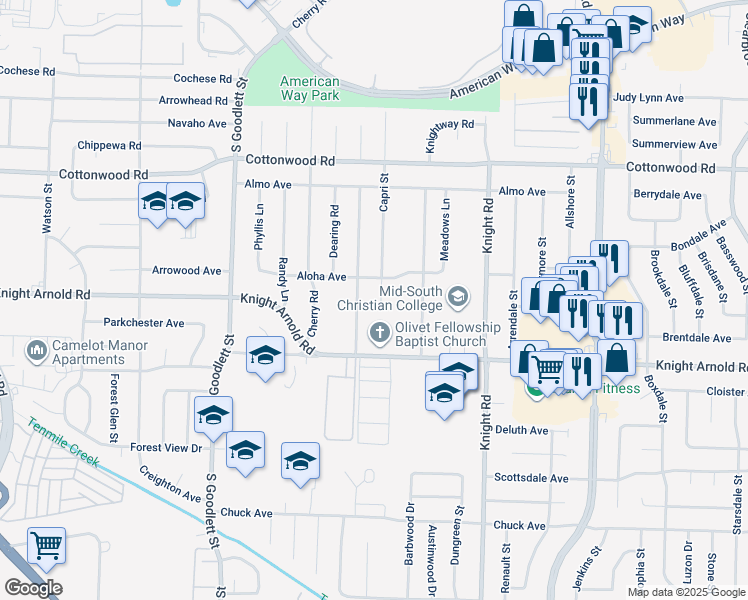 map of restaurants, bars, coffee shops, grocery stores, and more near 3108 Danville Road in Memphis