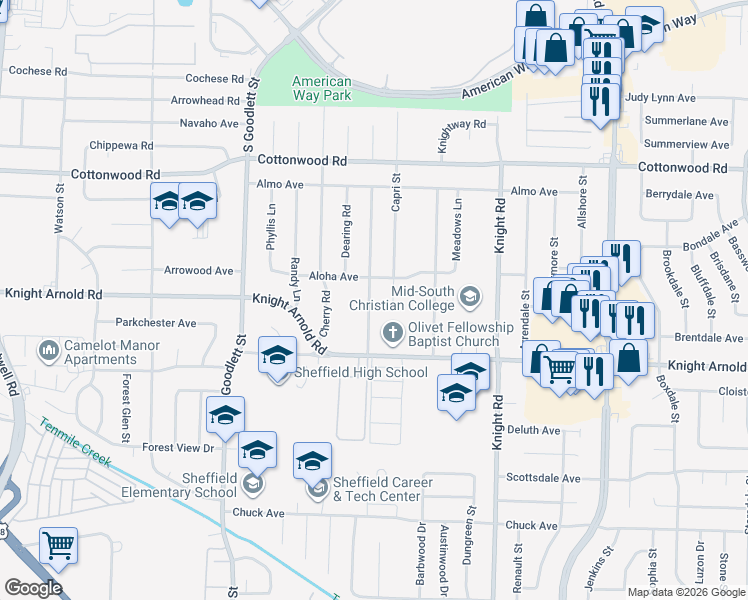 map of restaurants, bars, coffee shops, grocery stores, and more near 3108 Danville Road in Memphis