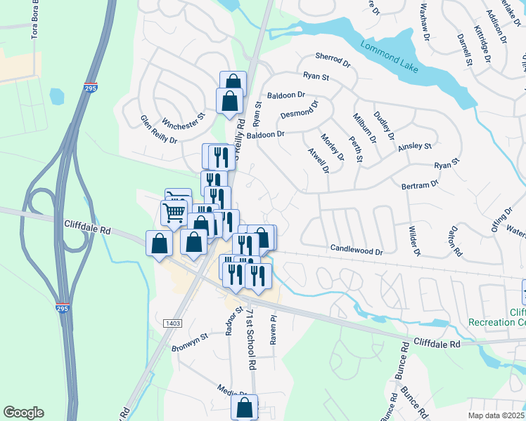 map of restaurants, bars, coffee shops, grocery stores, and more near 433 Ritter Drive in Fayetteville