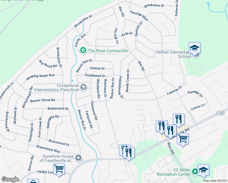 map of restaurants, bars, coffee shops, grocery stores, and more near 7156 Beaver Run Drive in Fayetteville