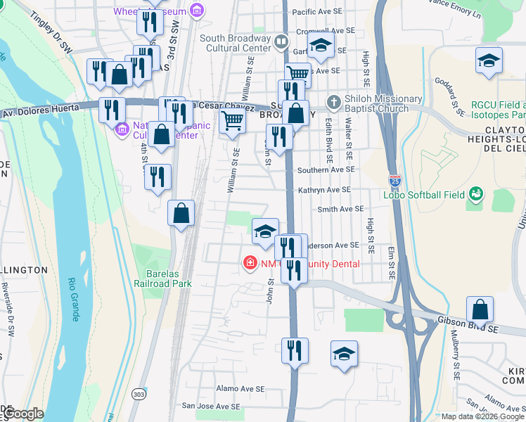 map of restaurants, bars, coffee shops, grocery stores, and more near 1901 John Street Southeast in Albuquerque