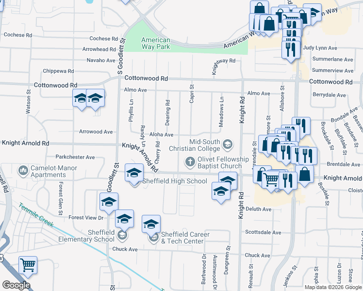 map of restaurants, bars, coffee shops, grocery stores, and more near 3108 Danville Road in Memphis