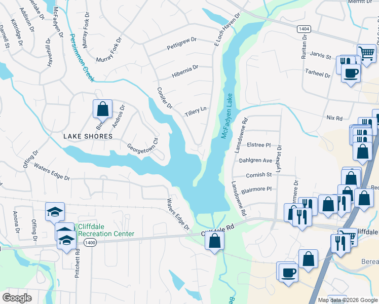 map of restaurants, bars, coffee shops, grocery stores, and more near 446 Lands End Road in Fayetteville