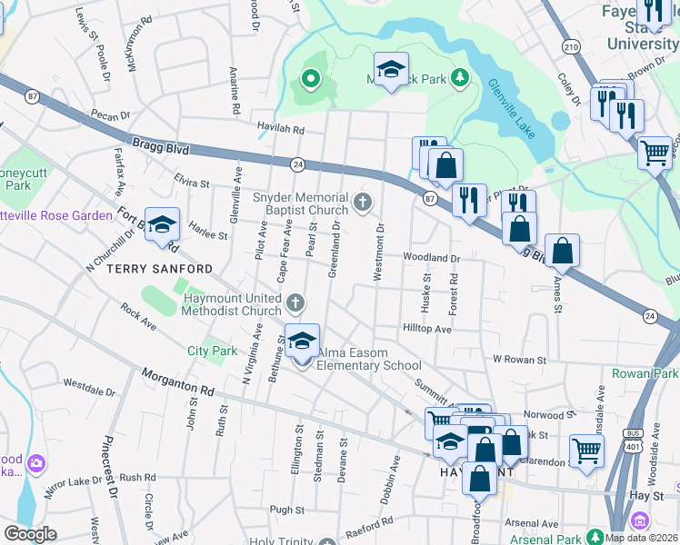 map of restaurants, bars, coffee shops, grocery stores, and more near 603 Greenland Drive in Fayetteville