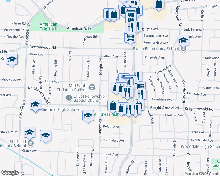 map of restaurants, bars, coffee shops, grocery stores, and more near 3086 Arrendale Street in Memphis