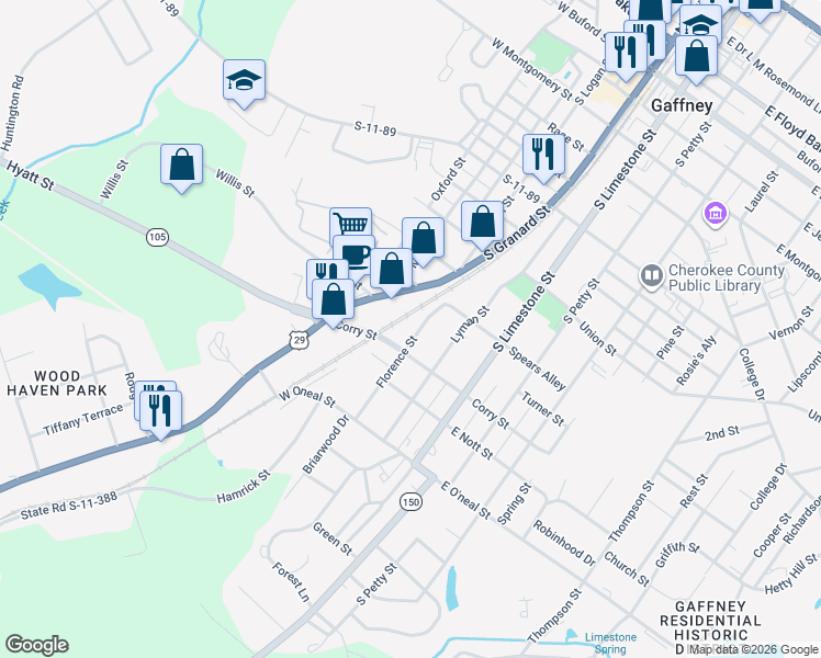 map of restaurants, bars, coffee shops, grocery stores, and more near 715 Florence Street in Gaffney