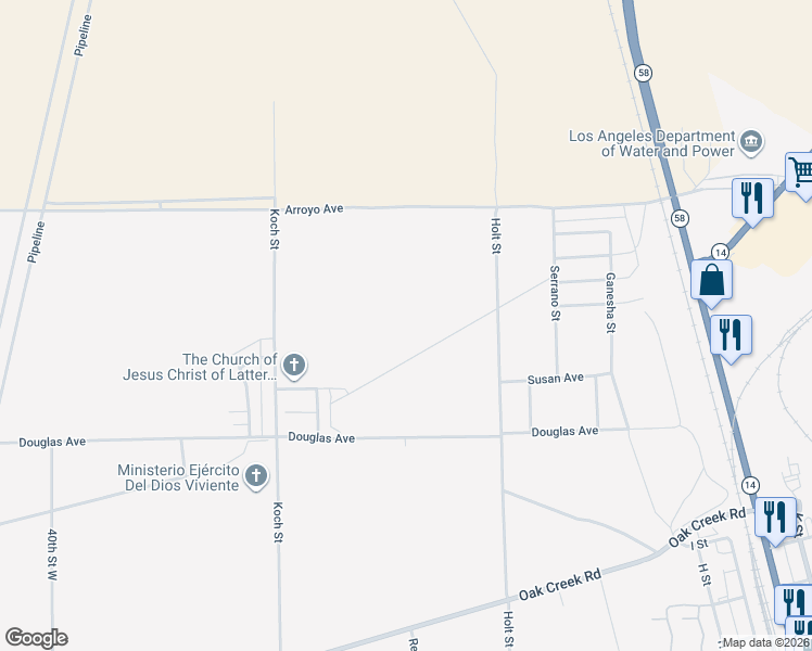 map of restaurants, bars, coffee shops, grocery stores, and more near 2 Arroyo Avenue in Mojave