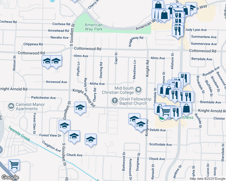 map of restaurants, bars, coffee shops, grocery stores, and more near 3108 Danville Road in Memphis