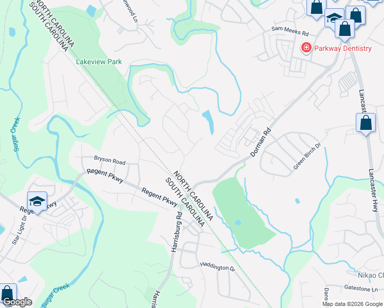 map of restaurants, bars, coffee shops, grocery stores, and more near 4116 Huntley Glen Drive in Pineville