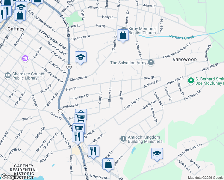 map of restaurants, bars, coffee shops, grocery stores, and more near 1113 Elmore Street in Gaffney