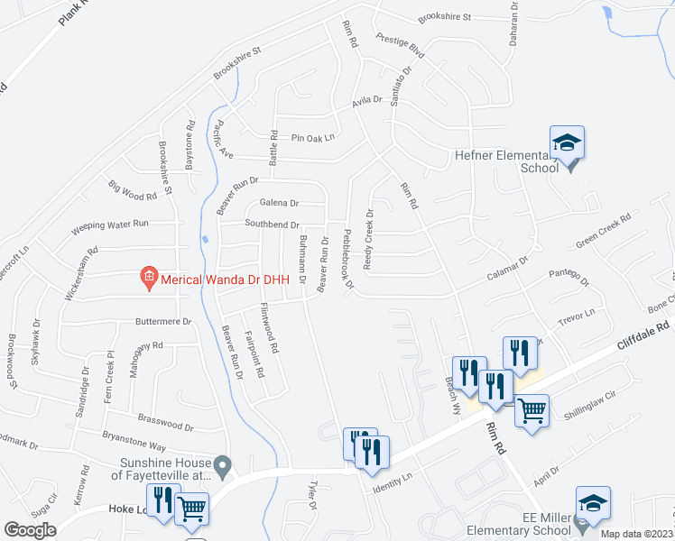 map of restaurants, bars, coffee shops, grocery stores, and more near 7277 Pebblebrook Drive in Fayetteville