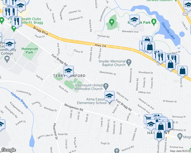 map of restaurants, bars, coffee shops, grocery stores, and more near 401 Pilot Avenue in Fayetteville