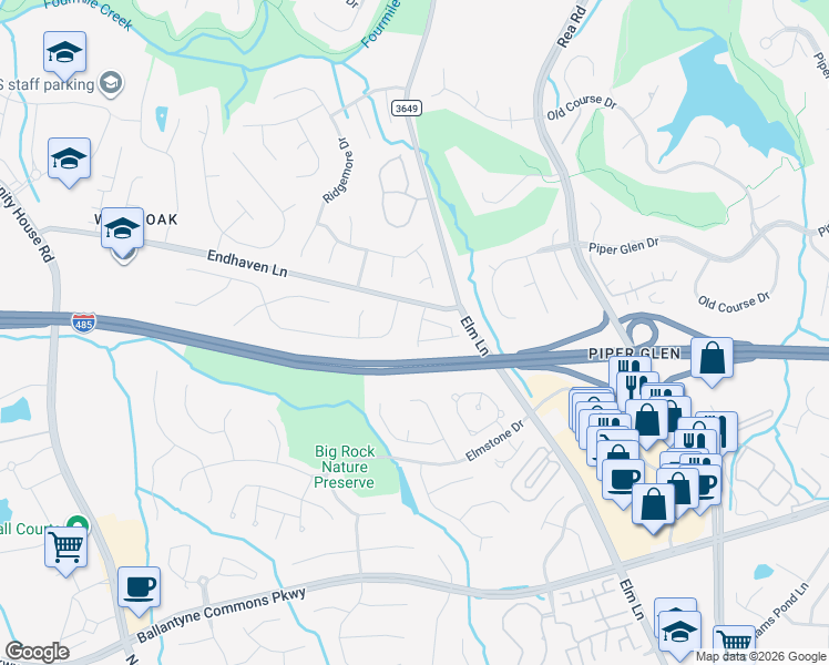 map of restaurants, bars, coffee shops, grocery stores, and more near 10701 Megwood Drive in Charlotte